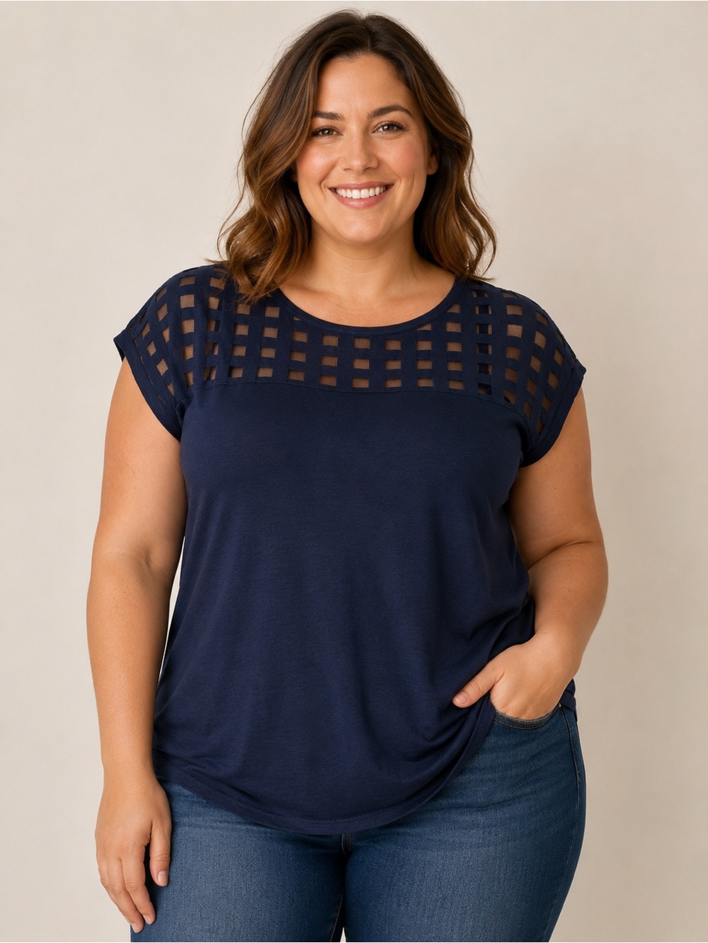 Carol Rose Short Sleeve Cutout Mesh Yoke Top L Navy Blue